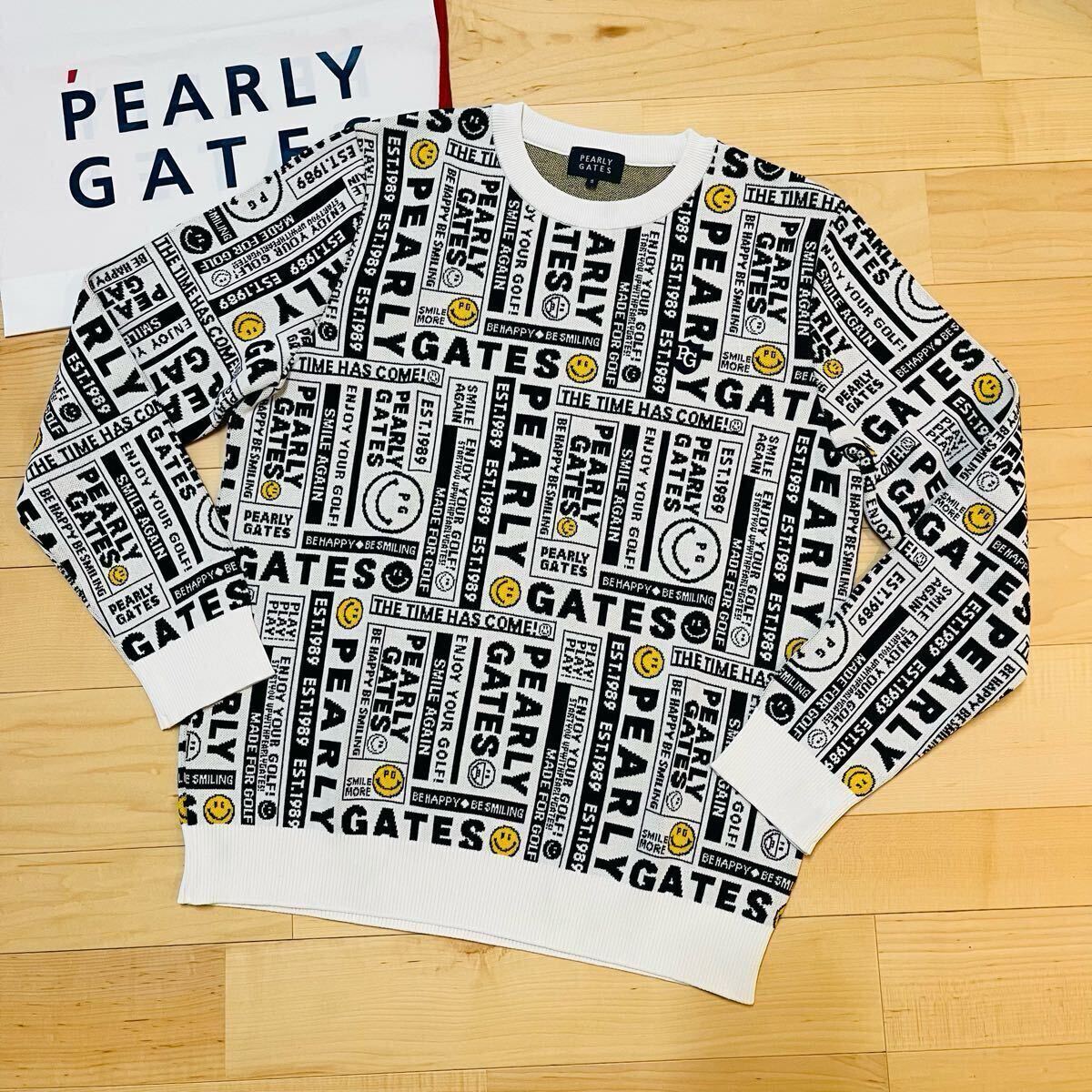 ★極美品 パーリーゲイツ ニュースペーパー柄 クルーネックニット セーター メンズ ★送料無料 正規品拍卖