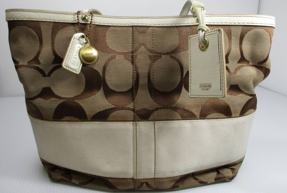 BA-126 COACH コーチ ショルダーバッグ トートバッグ シグネチャー柄 6093 ベージュ系 白 拍卖