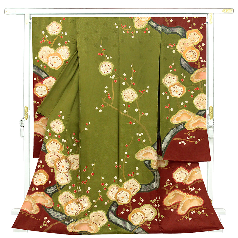 ※記念感謝祭【仕立無料】絞りの名門青柳謹製オケ絞り,絹四ツ巻絞り,帽子絞り複合本加工工芸梅と松☆特撰振袖10012223拍卖