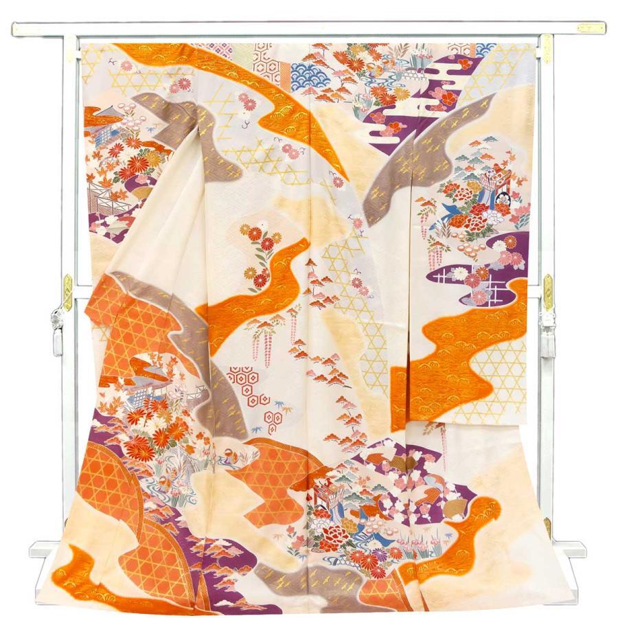 ※記念感謝祭【仕立無料】京友禅伝統工芸手描き染古典美創作振袖☆特撰上質ボカシ友禅王朝庭園四季花図(10011460)拍卖