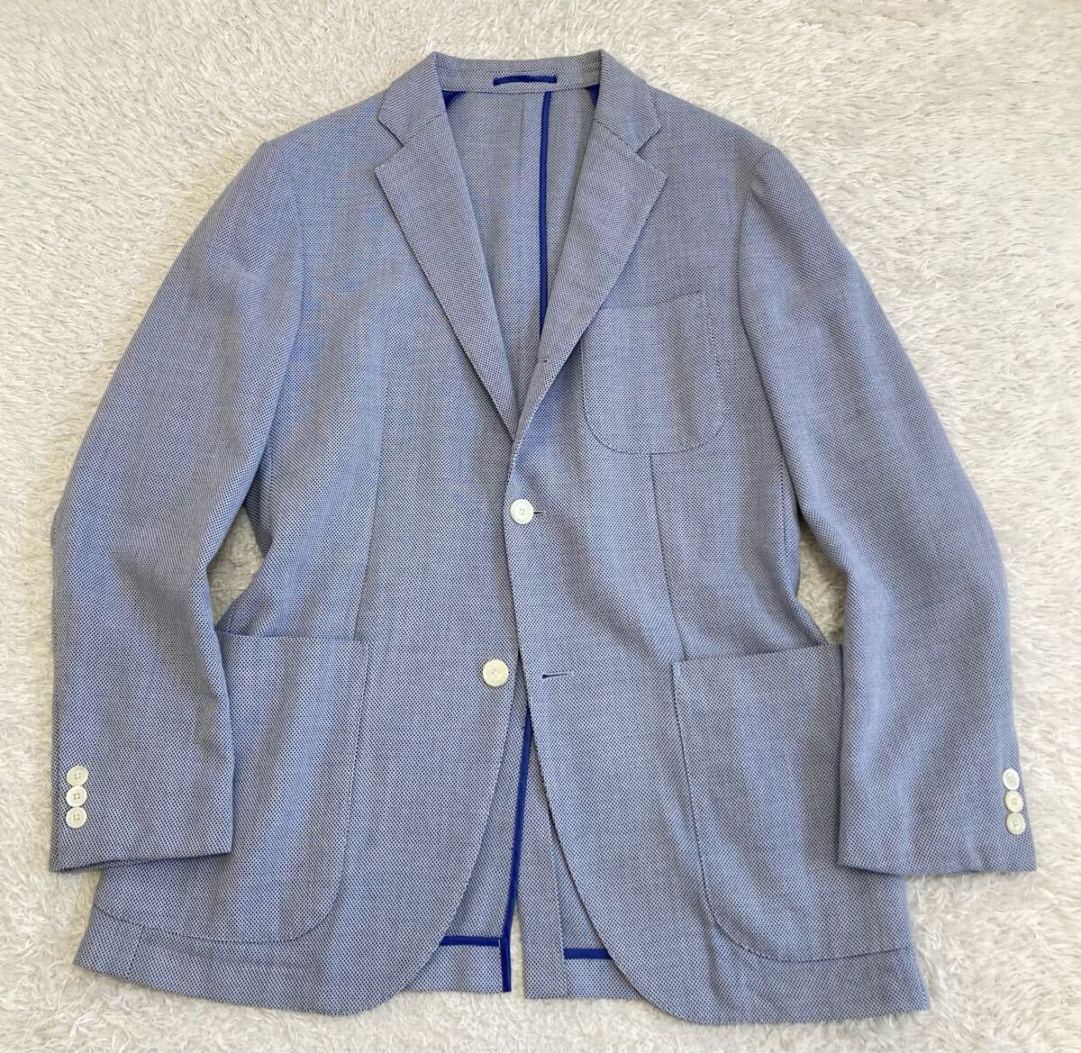 J.PRESS ジェイプレス 春夏 ウール/コットン ハニカム 段返り3B サマー ジャケット LLサイズ ブルー アンコン パッチポケット 軽量 Jプレス拍卖