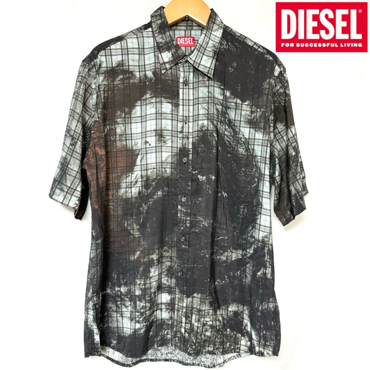 DIESEL ディーゼル Black S-Umbe-Ssl-Globe Shirt マルチ チェック シャツ Dロゴ刺繍 50 XL拍卖