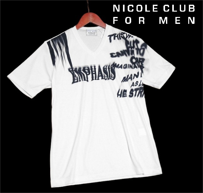 新品! ニコルクラブフォーメン グラデーション英字ロゴ Vネック 半袖 Tシャツ ホワイト 48 (L) ☆ NICOLE CLUB FOR MEN ストレッチ 白 ★拍卖