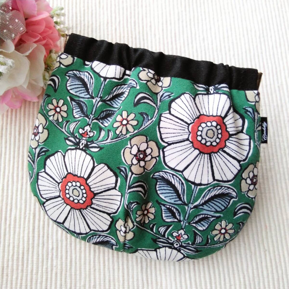 ハンドメイド バネポーチ ハピネス グリーン拍卖