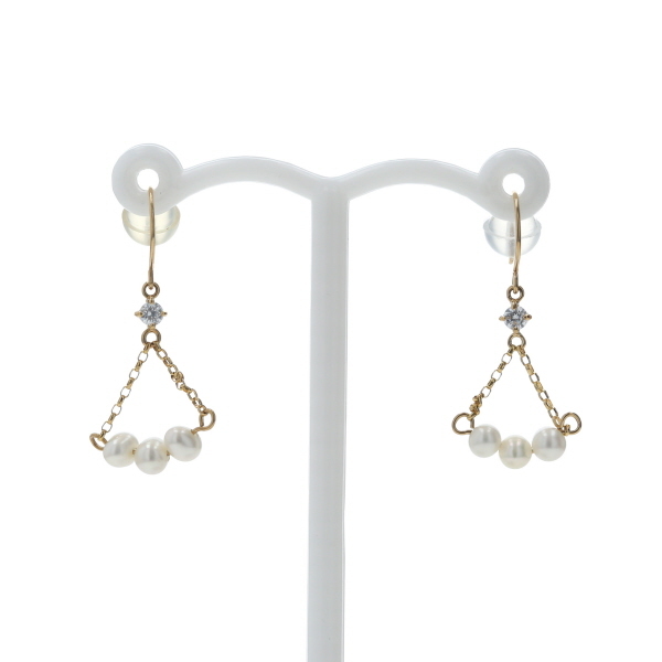 K18YG イエローゴールド ピアス ベビーパール 透明石 フック チェーン トライアングル シンプル【新品仕上済】【zz】【中古】拍卖