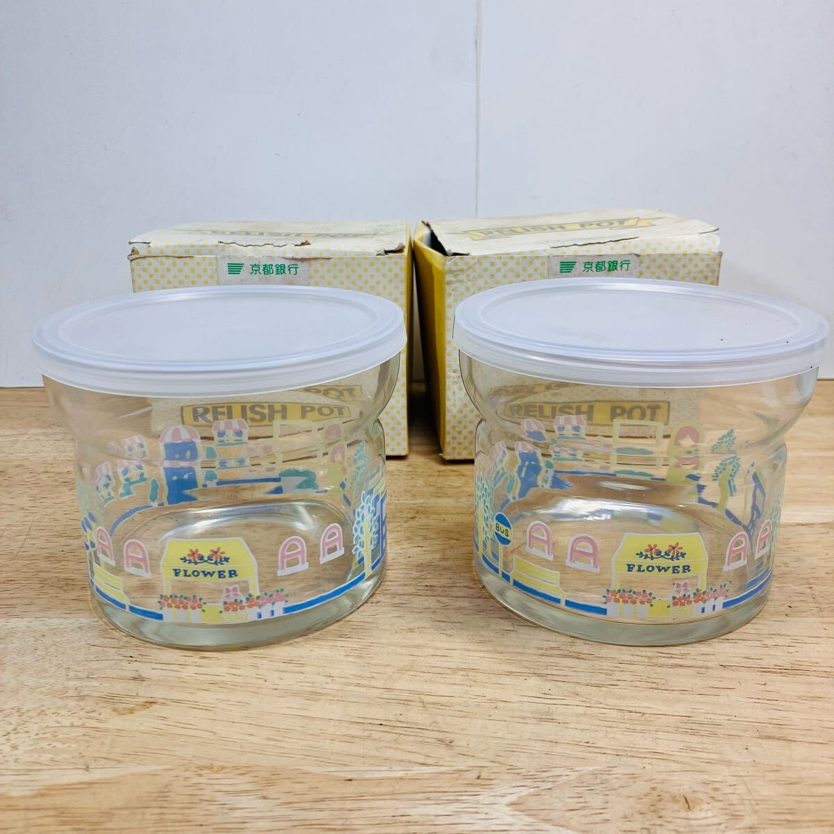 未使用長期保管品外箱劣化汚れ有り ガラス 保存容器 昭和 レトロ ポップ アンティーク ペアセットまとめ売り拍卖