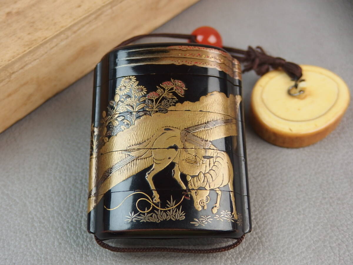 【骨董・提物】★極上時代金銀高蒔絵 梨地★★垣根馬文印籠 根付 緒締 gl078ul.7拍卖