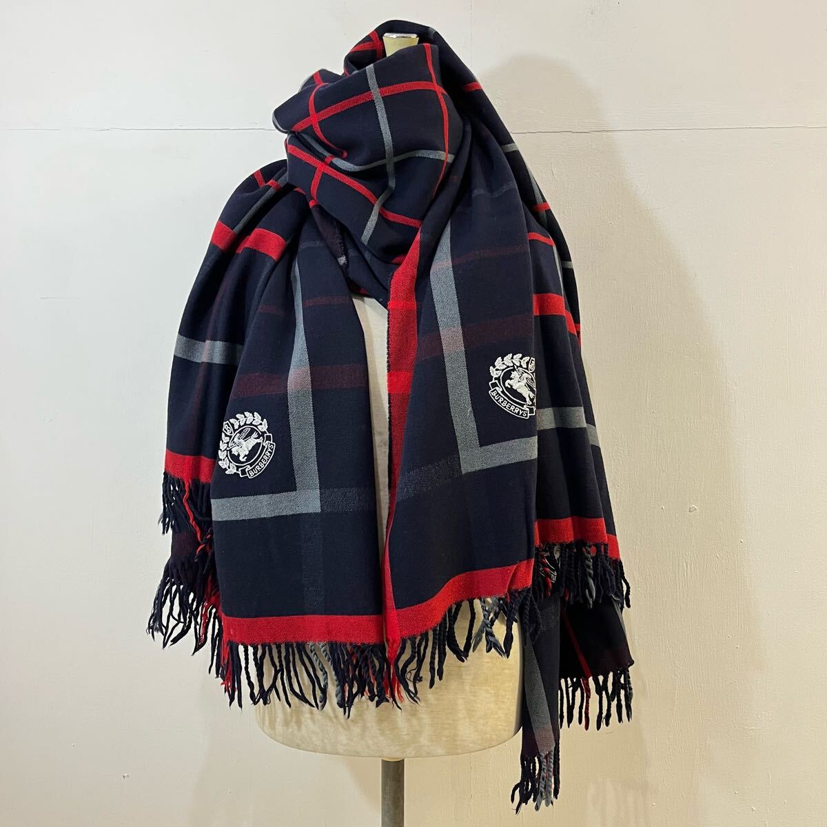 VINTAGE BURBERRYS イタリア製 大判マフラー ブランケット チェック柄 刺繍ロゴ バーバリーズ オールドバーバリー【送料一律/同梱可能】J拍卖