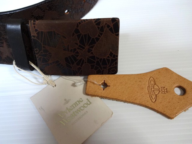 新品未使用 正規品 ヴィヴィアンウエストウッド Vivienne Westwood ベルト オーブ・スカル・ハート柄 骸骨柄 ダークブラウン 牛革拍卖