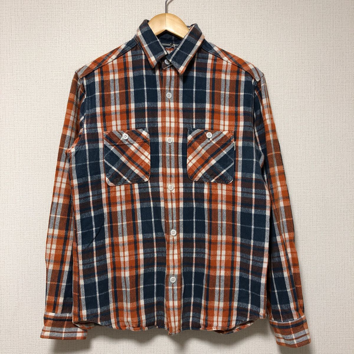 (k) STANDARD CALIFORNIA スタンダード カリフォルニア ネルシャツ 長袖 チェック柄 オレンジ×ブルー メンズ M コットン 日本製拍卖