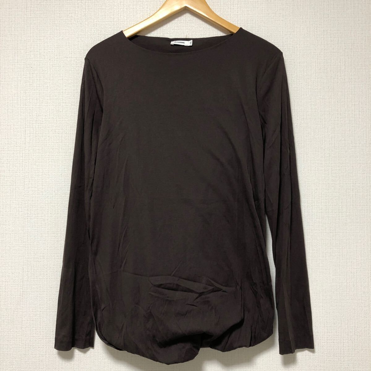 (k) JIL SANDER ジルサンダー ウエストギャザー カットソー トップス イタリア製 サイズL 茶 ブラウン 長袖 コットン拍卖