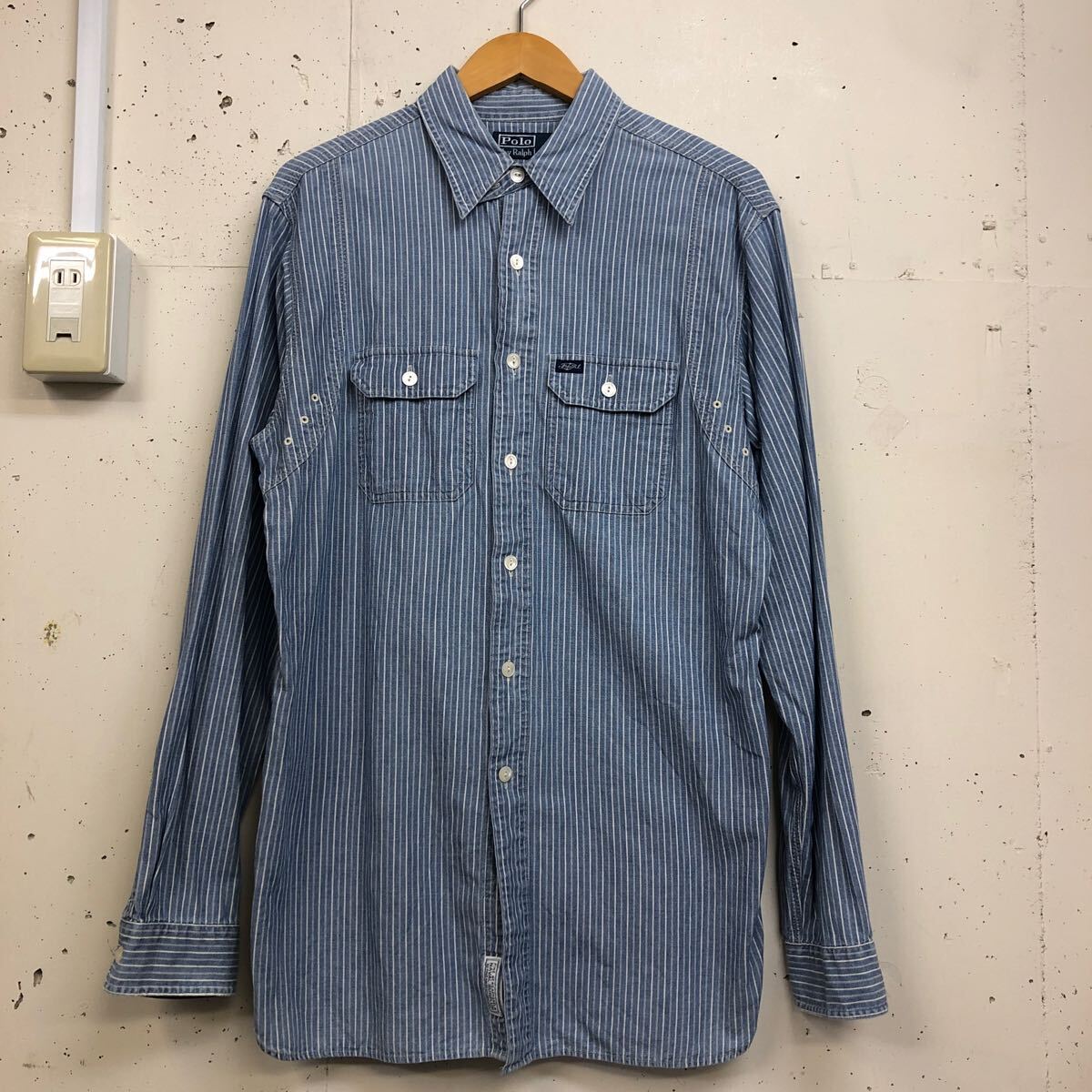 (k) 90s 90年代 Polo Ralph Lauren ポロ ラルフローレン 1940年代 復刻 チンスト 猫目ボタン サイズM ブルー ストライプ 拍卖