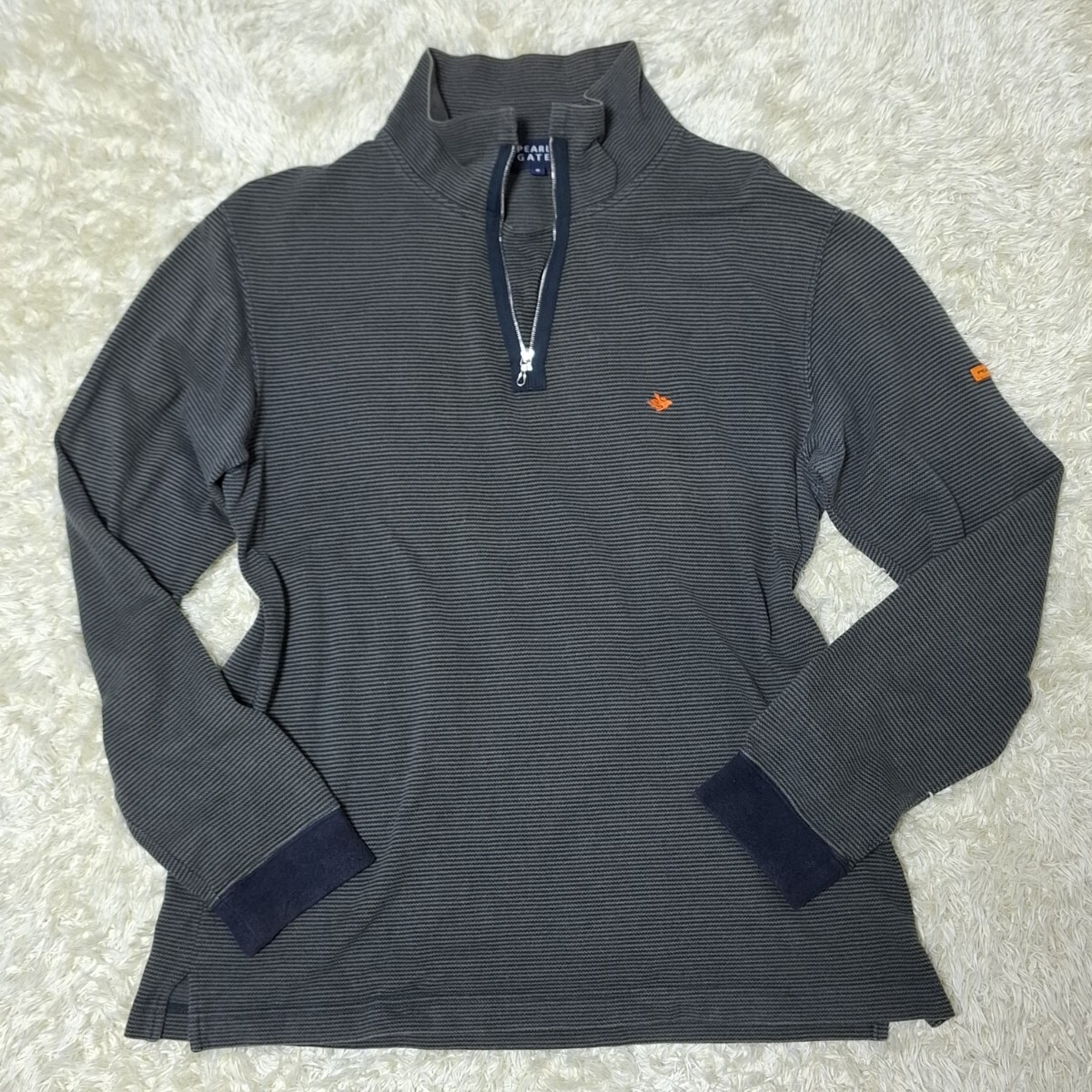 パーリーゲイツPEARLYGATES ハーフジップ モックネック コットンセーター ボーダー柄 紺 ネイビー カーキ L コットン 日本製 洗濯済拍卖