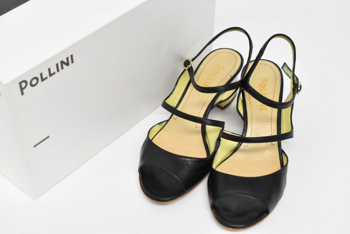 (1179M 0617M19) 1円~ POLLINI ポリーニ サンダル サイズ35 1/2 レザー ブラック ゴールド 箱付拍卖
