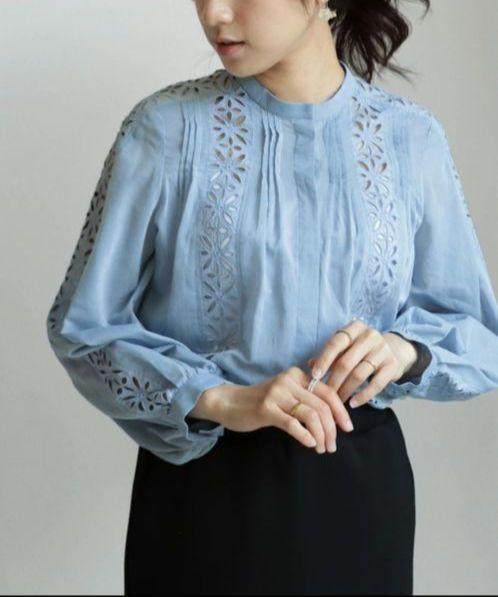 【美品】Jines シフォンオリジナルレース長袖ブラウス ノーカラー ジネス 38 M ブルー オフィス拍卖