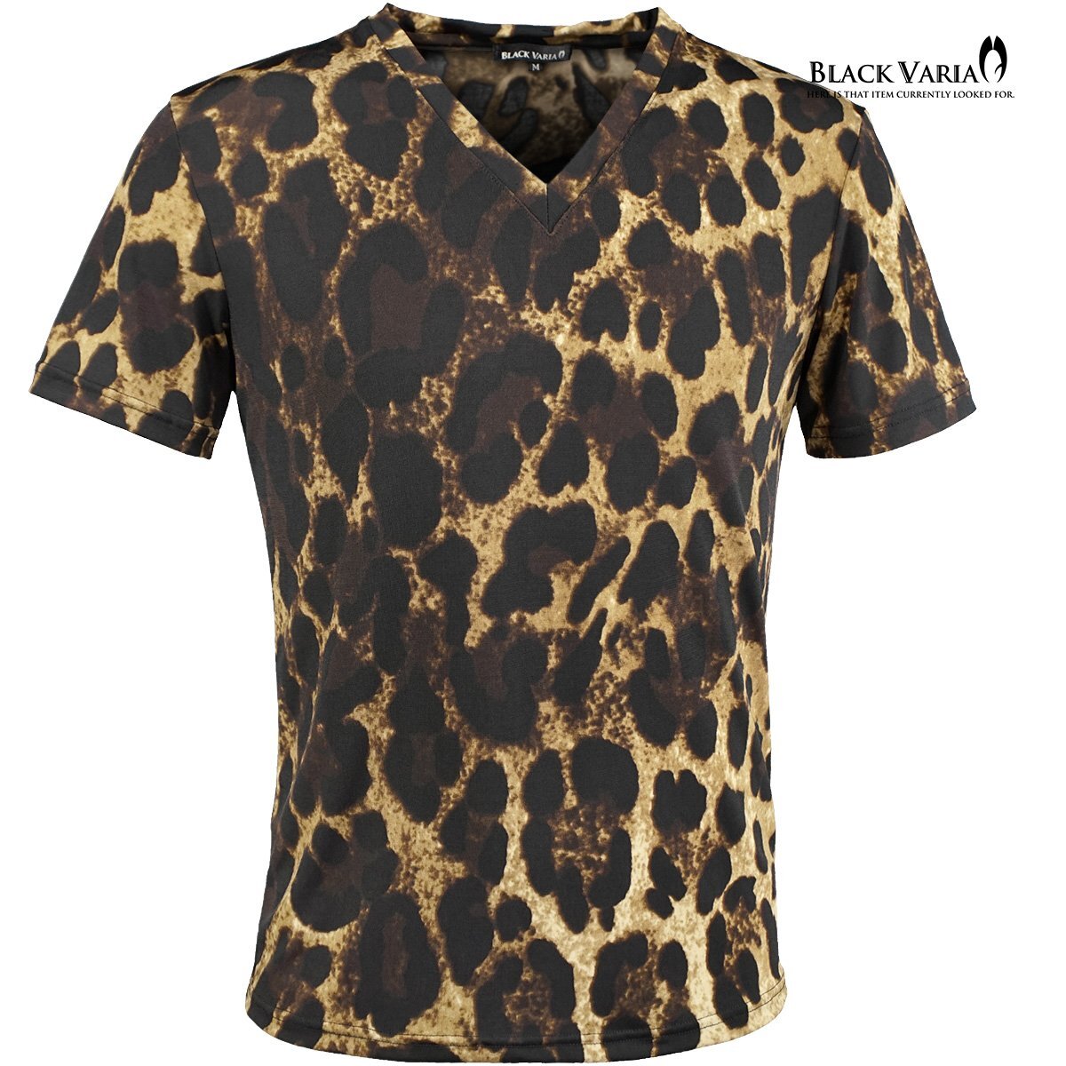 233154-br BLACK VARIA Tシャツ 半袖 Vネック ヒョウ柄 豹柄 レオパード 日本製 スリム おしゃれ メンズ(ブラウン茶ブラック黒) L 柄大拍卖