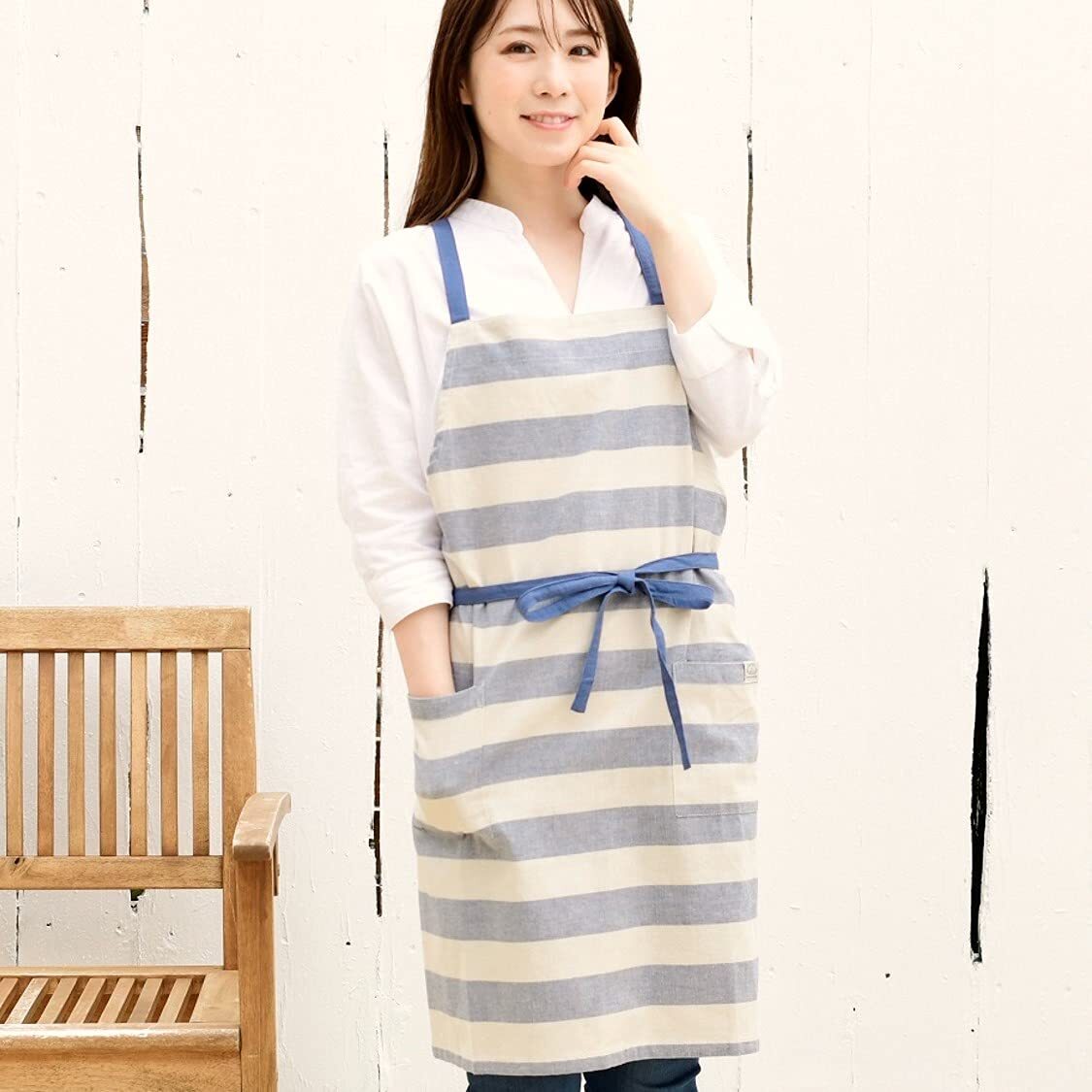 レップ エプロン 北欧 ポケット2個付き ボーダー柄 大人用 カフェエプロン 着丈73cm (アビチュアル アンバー) ブルー 927 BL拍卖