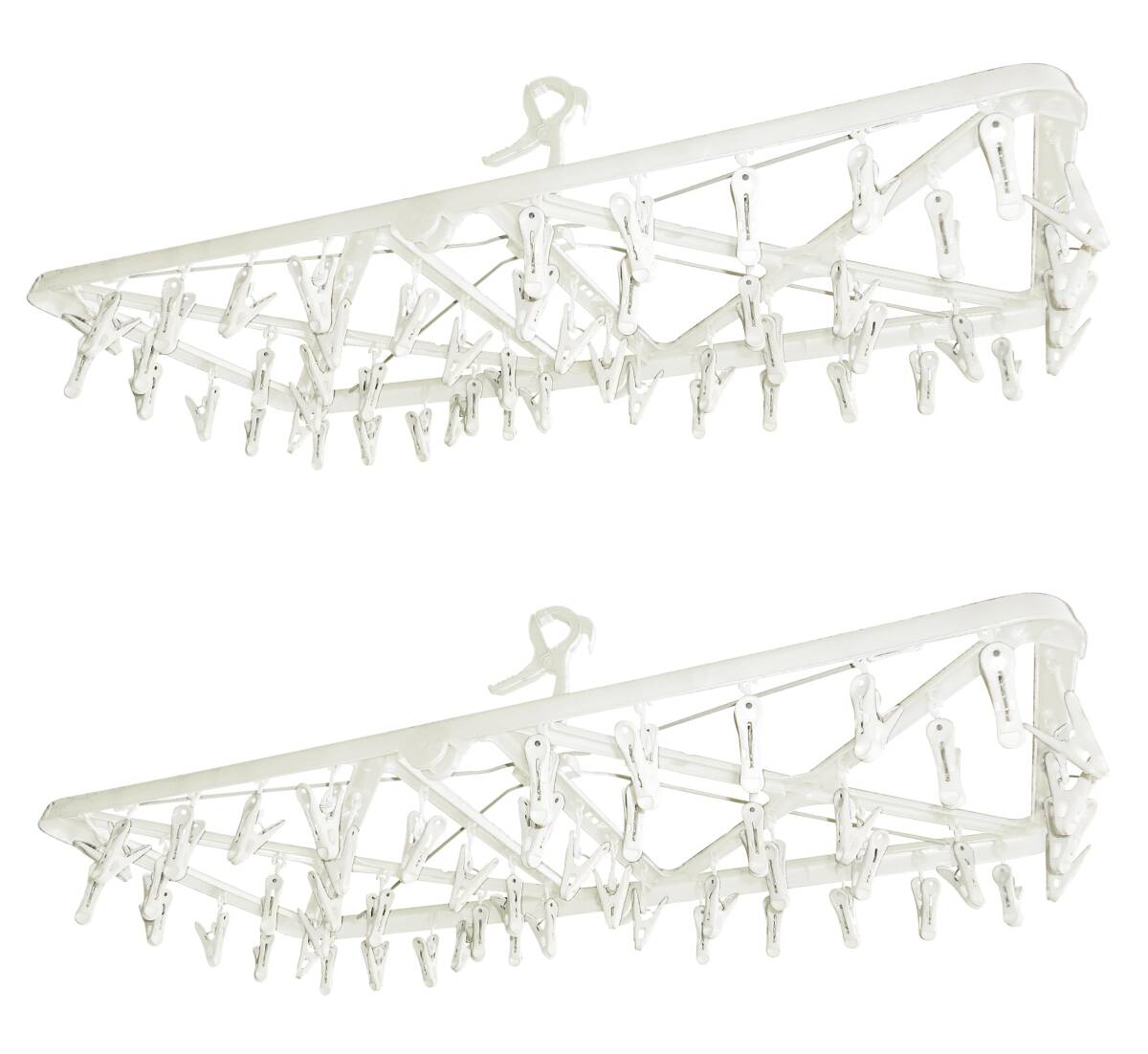 水勘製簾所 洗濯 物干し ワイヤー角ハンガー 折りたたみ式 ピンチ52個付き 2個セット 部屋干し かもいフック付きホワイト 約幅84cm×奥行3拍卖