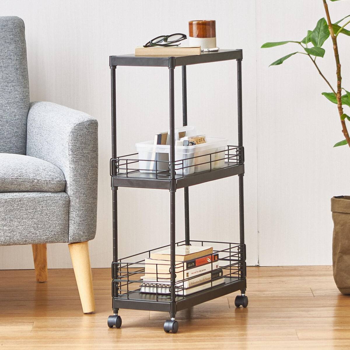ドウシシャ サイドテーブル キッチンワゴン ランドリーワゴン キャスター付き スリム 黒 ブラック 3段 幅20cm×奥行45cm×高さ74.5拍卖