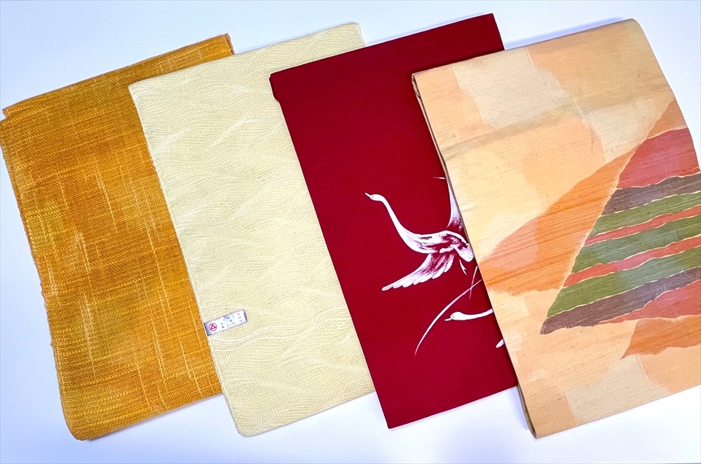 花とら●リサイクル帯 名古屋帯 4本まとめて 絹 ポリエステル 未使用品含む 黄 辛子 赤 鶴 250521拍卖