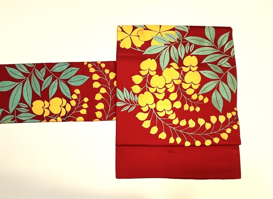 花とら●アンティーク帯 名古屋帯 赤 黄花 使用可能 リメイク 素材 250525拍卖