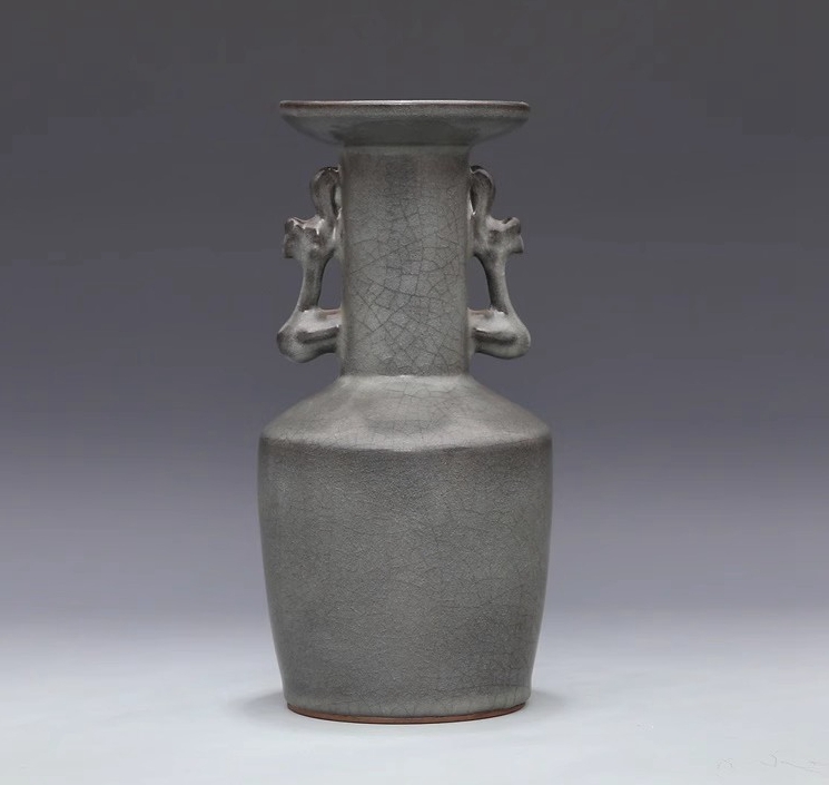 宋時代 官窯 灰青釉 鳳耳盤口瓶・古陶磁器 ・珍品旧蔵・古賞物・時代物拍卖