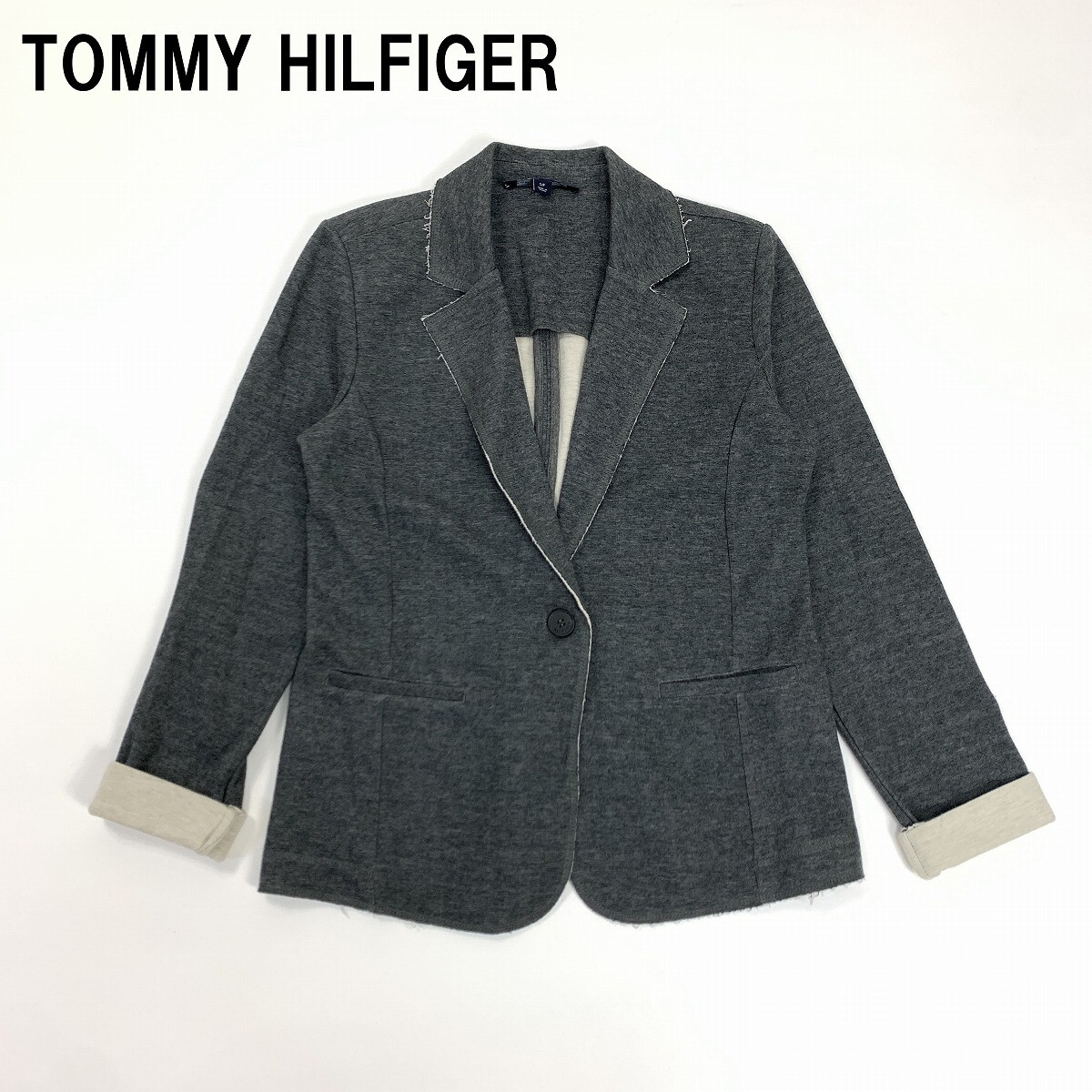 TOMMY HILFIGER トミーヒルフィガー テーラードジャケット 綿 コットン 裏地なし グレー S YC556拍卖