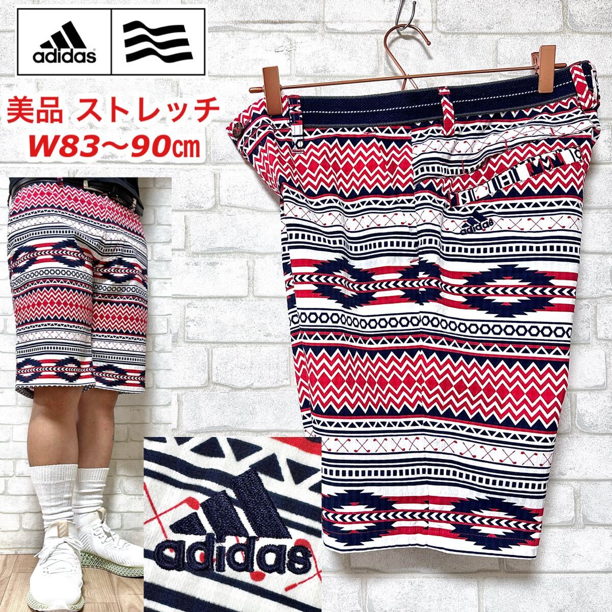 ☆美品☆ adidas GOLF 総柄 シアサッカー派手柄 ストレッチショーツ拍卖