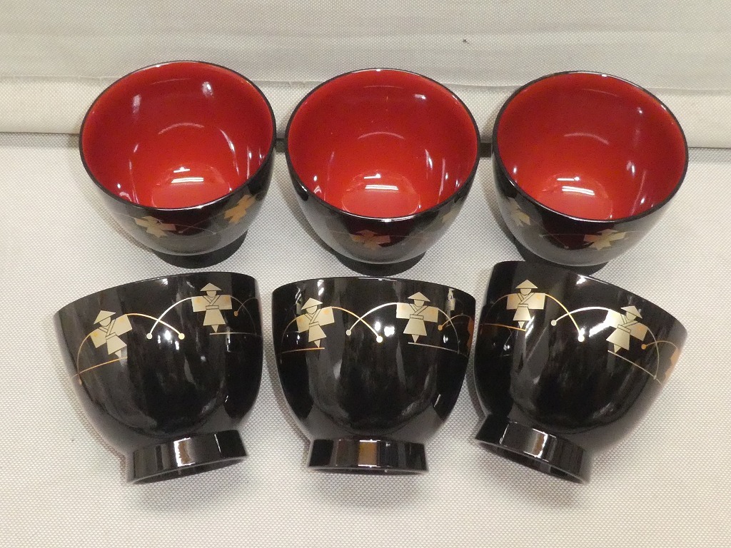 ●新品 やじろべえ柄 漆器 お椀 汁椀 味噌汁椀 6客セット 飯碗 ご飯茶碗●拍卖