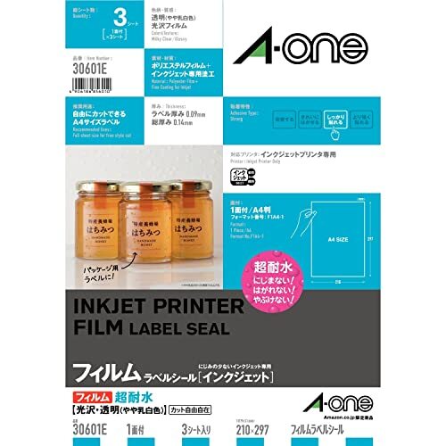 エーワン ラベルシール インクジェット 超耐水 光沢フィルム 透明 A4 ノーカット 3シート 30601E拍卖
