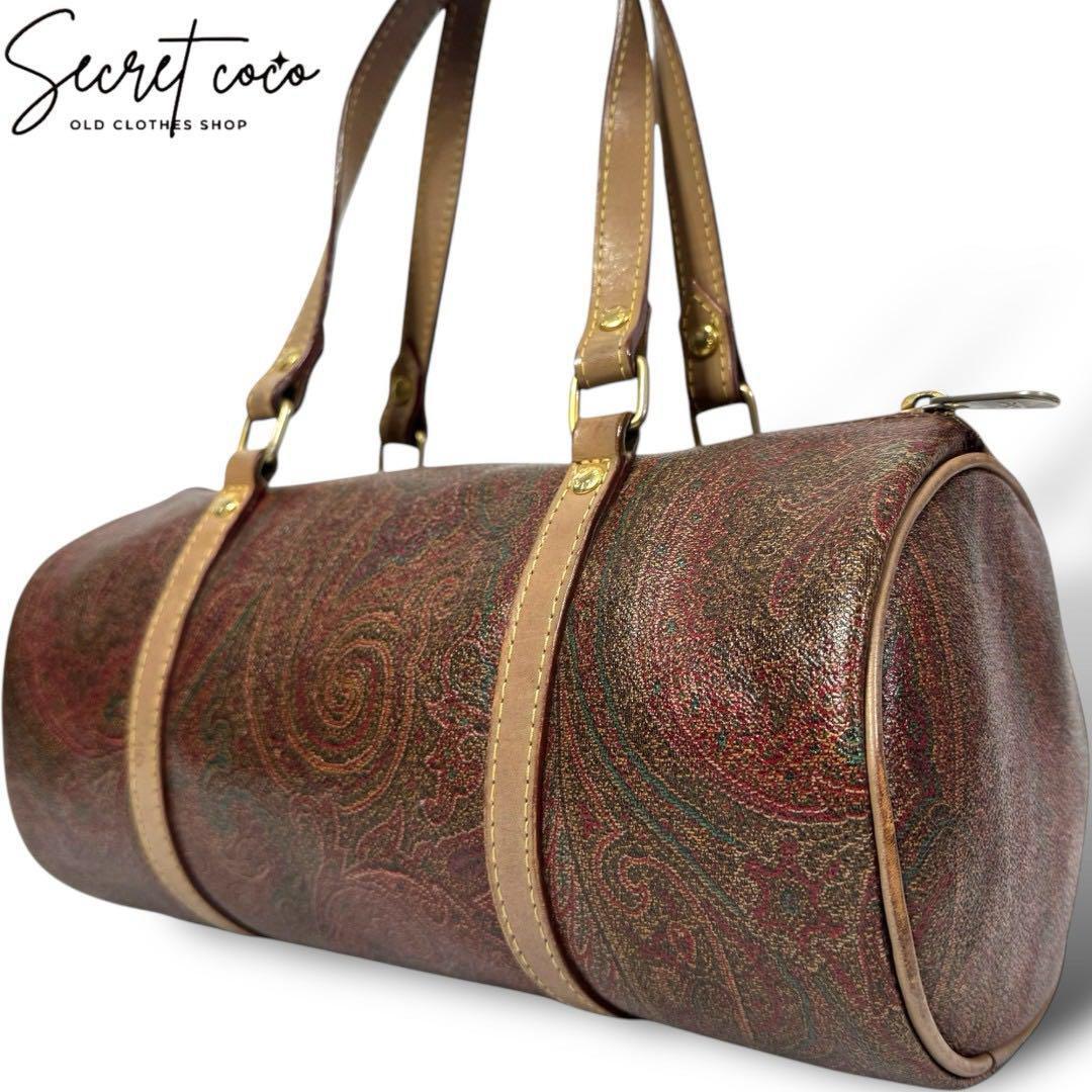 良品 25 ETRO エトロ ペイズリー柄 ドラムバッグ ミニボストンバッグ ハンドバッグ トートバッグ ブランドバッグ かばん 鞄 ブラウン 茶拍卖