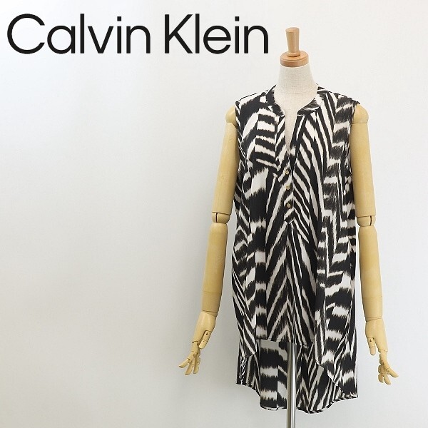 ◆Calvin Klein カルバンクライン 総柄 タック ノースリーブ チュニック ブラウス L拍卖