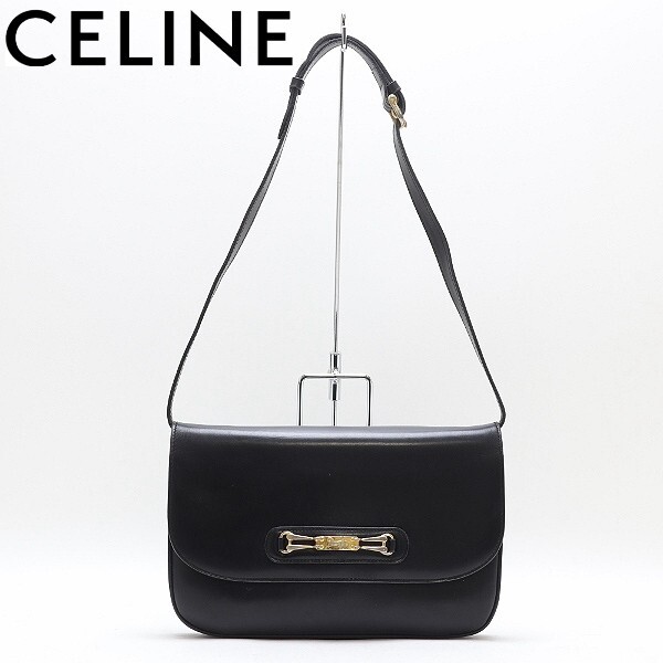 ヴィンテージ◆CELINE セリーヌ レザー 馬車金具 肩掛け ショルダー バッグ 黒 ブラック拍卖
