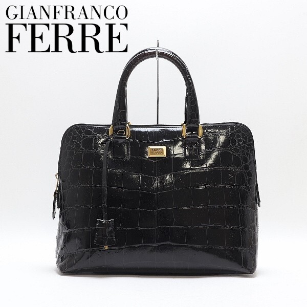 ◆GIANFRANCO FERRE ジャンフランコ フェレ クロコ型押しレザー ハンド バッグ 黒 ブラック拍卖