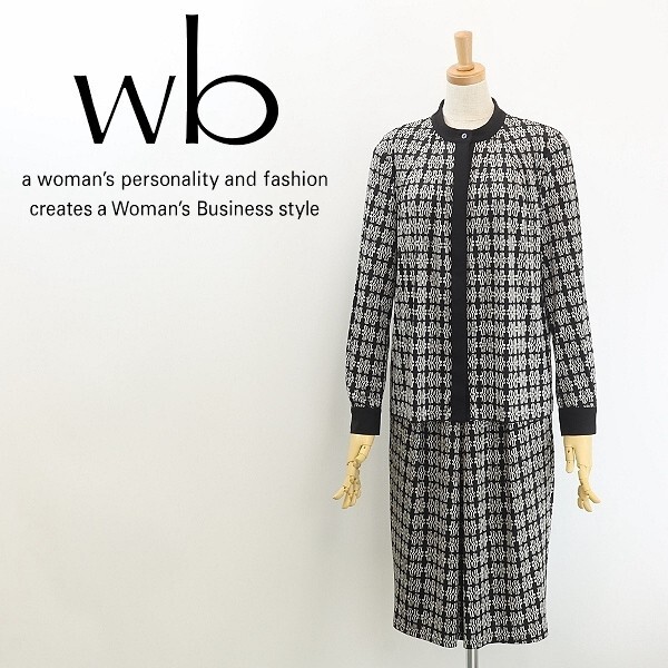 美品◆wb ダブルビー 総柄 バンドカラー ブラウス&タック スカート セットアップ 黒 ブラック×ホワイト 38拍卖
