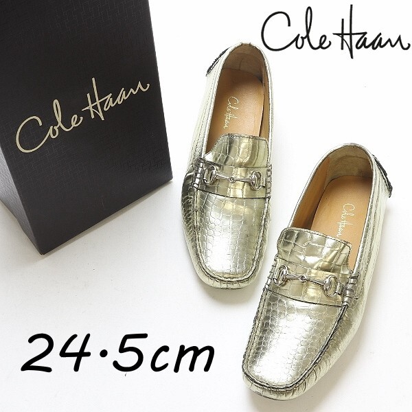 ◆COLE HAAN コールハーン クロコ型押しレザー ビット ローファー モカシン ドライビング シューズ ゴールド 7 1/2拍卖