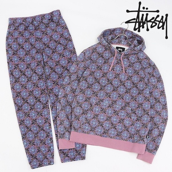 ◆stussy ステューシー 2019 Vintage Burly 総柄 裏起毛 プルオーバー パーカー&スウェット パンツ セットアップ M/S拍卖