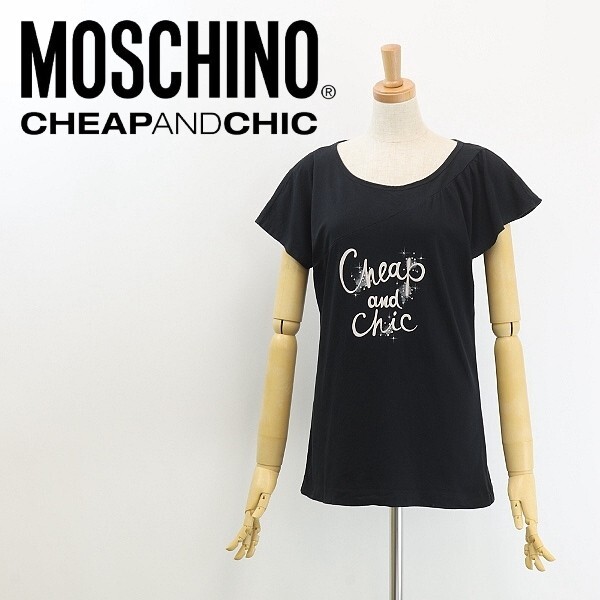 ◆MOSCHINO CHEAP AND CHIC モスキーノ チープ&シック ラインストーン ロゴプリント アシンメトリー トップス カットソー 黒 ブラック 44拍卖
