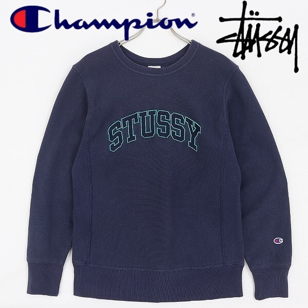 ◆stussy ステューシー × チャンピオン REVERSE WEAVE リバースウィーブ アーチロゴ刺繍 裏起毛 スウェット トレーナー 紺 ネイビー M拍卖