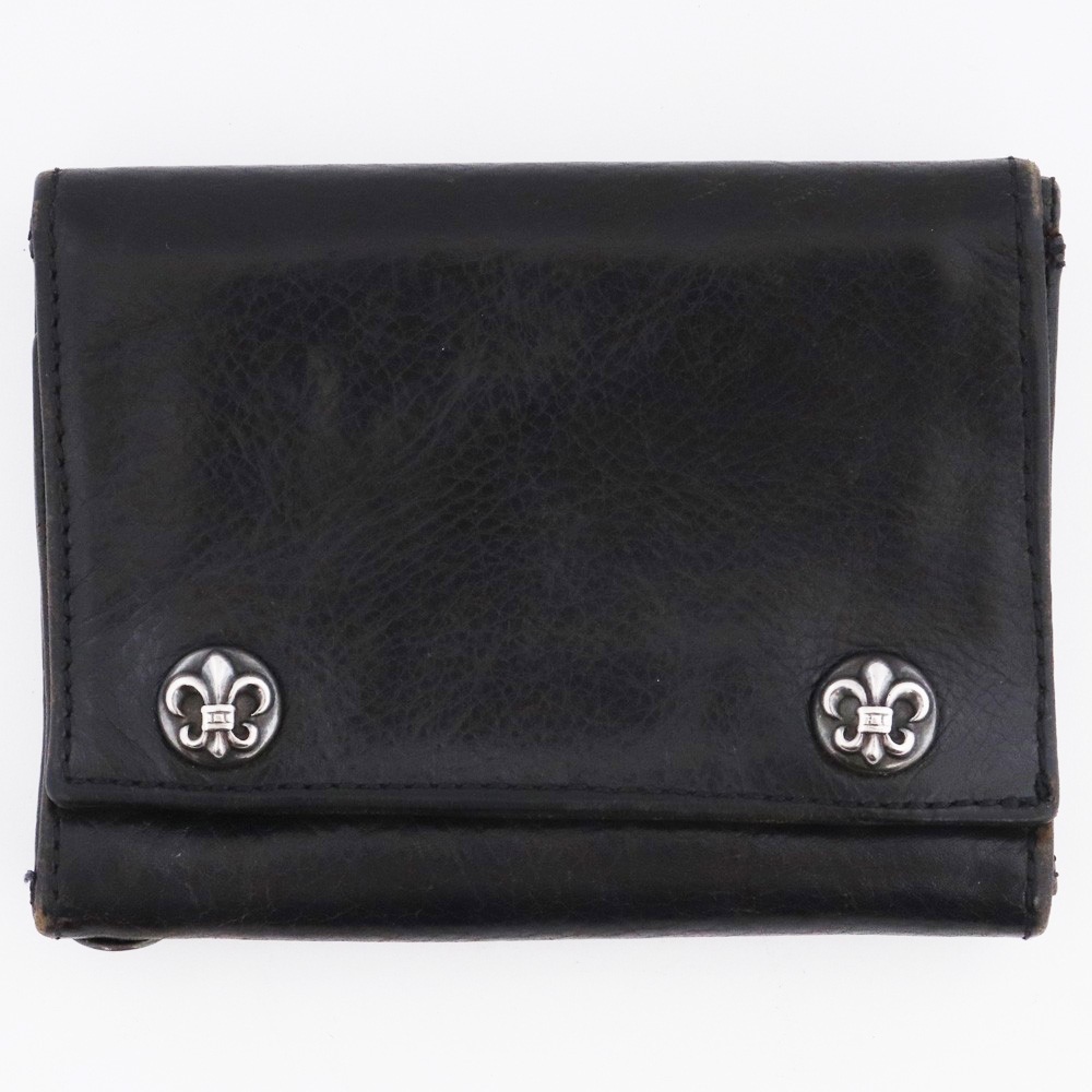 CHROME HEARTS 3フォールド ウォレット ブラック ヘビーレザー クロムハーツ 三つ折り財布 3 FOLD LEATHER WALLET BSフレアボタン拍卖