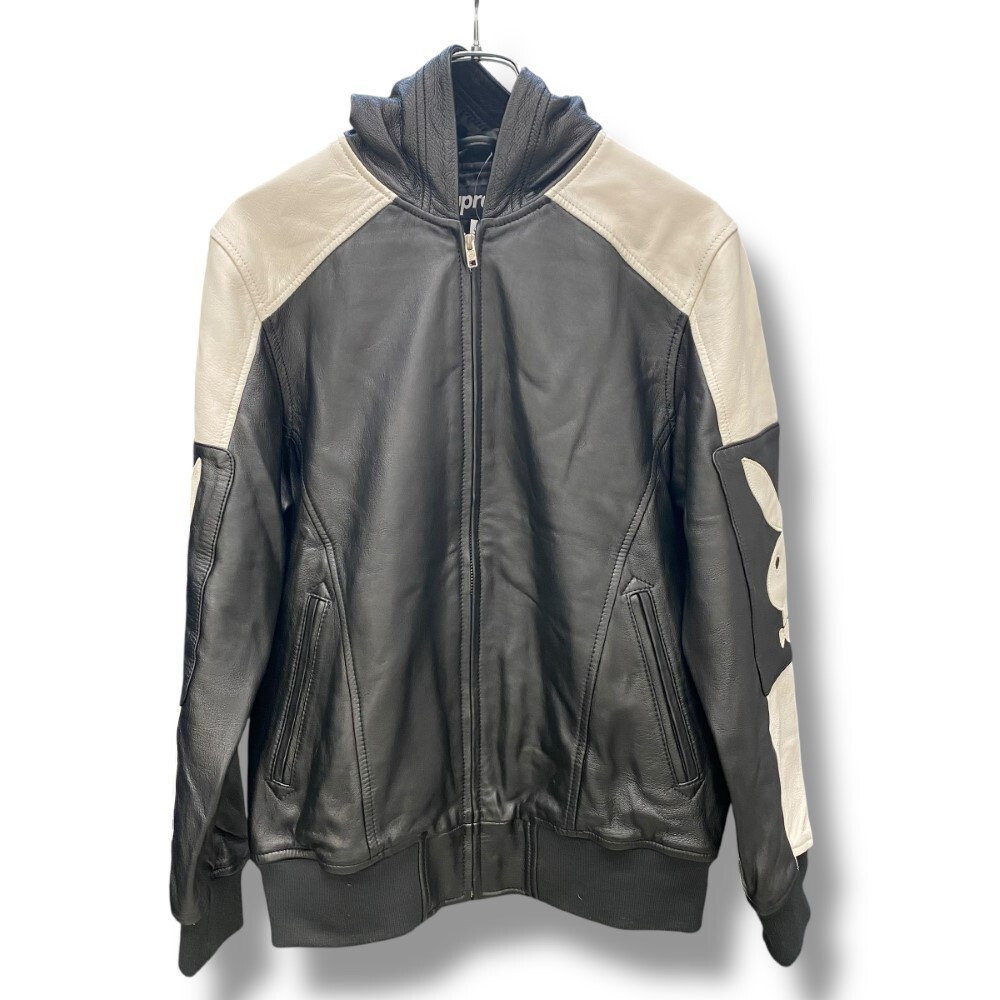 SUPREME × PLAYBOY 14SS HOODED LEATHER JACKET Sサイズ ブラック ホワイト シュプリーム プレイボーイ フーデッド レザー ジャケット拍卖