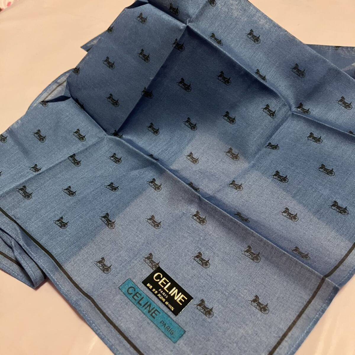 【レア】新品/CELINE/ハンカチ/正規品/セリーヌ/ハイ未使用/ブランド/マカダム柄/綿100%/レディース/ハンカチーフ/馬車/紺色ネイビー/紳士拍卖