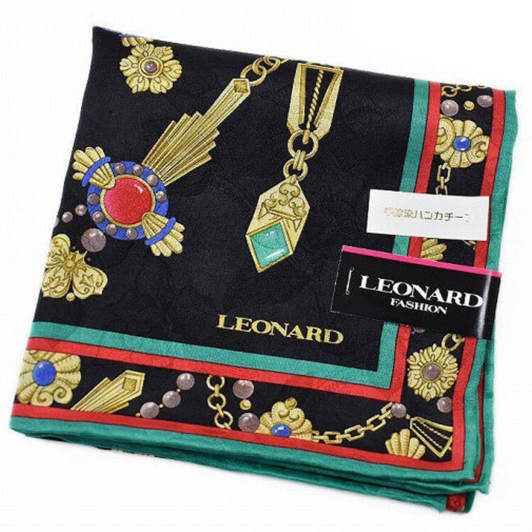 レオナール 大判 ハンカチ レディース 1枚 ブランド LEONARD シルク 混 ブラック アクセサリー チェーン グリーン レッド 女性 婦人拍卖