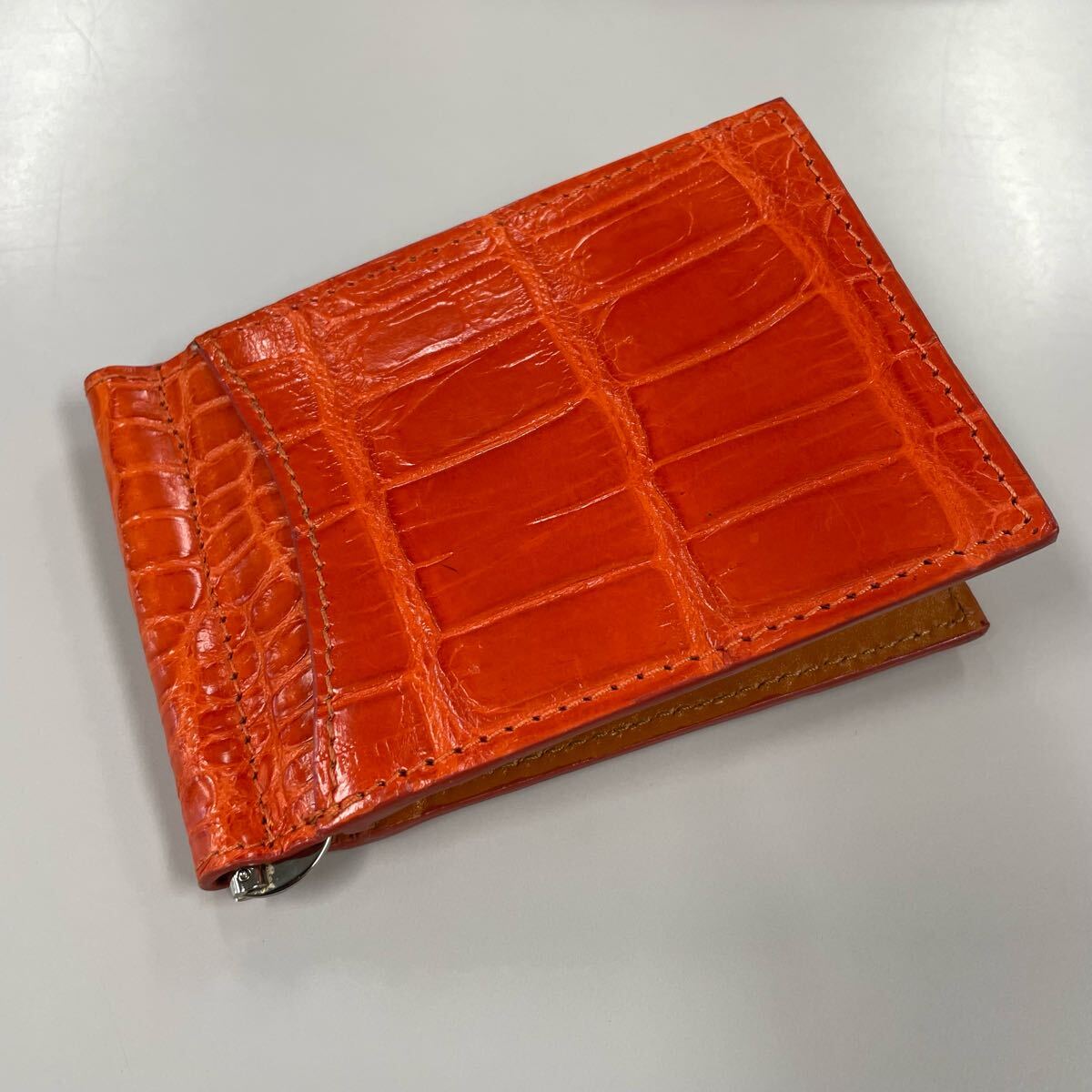 ■革の宝石■クロコダイル マネークリップ 二つ折り財布 ビジネス ワニ革 牛革 オレンジ拍卖