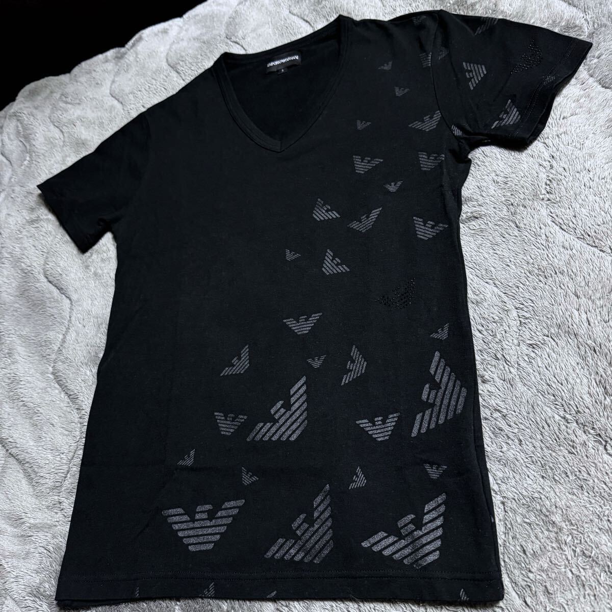 正規 美品 EMPORIO ARMANI エンポリオ アルマーニ 半袖 Tシャツ ストレッチ イーグルロゴ 同色ラインストーン拍卖