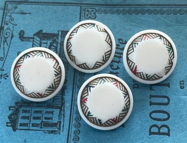 即決 ガラスボタン 4個 φ18mm 白 ペイント ホワイト 星 ヴィンテージ ハンドメイドパーツ リメイク フランス輸入拍卖