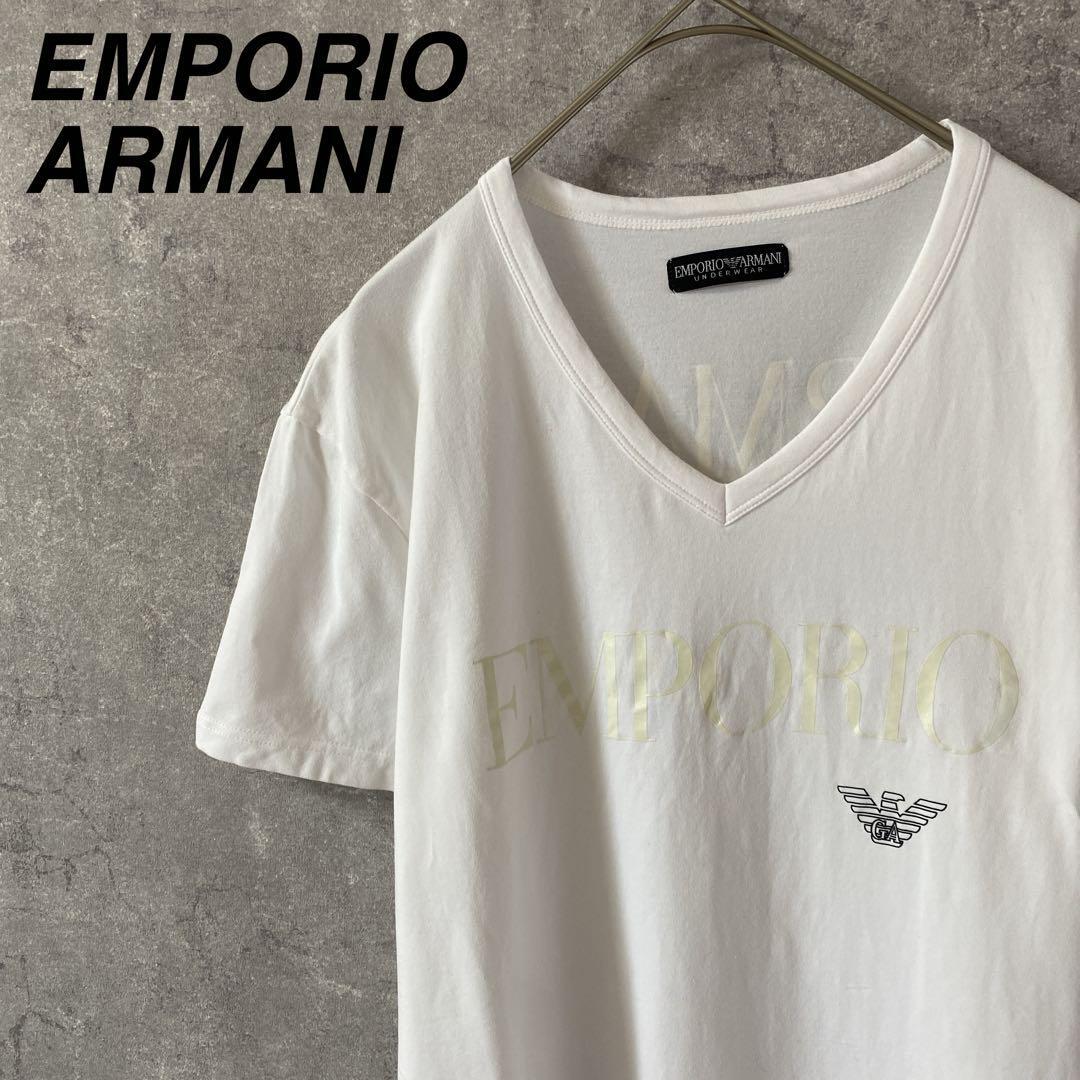 EMPORIO ARMANI ホワイト Vネック Tシャツ ブランドロゴLメンズ拍卖