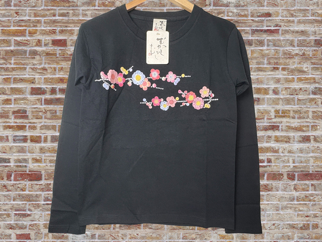 黒 Mサイズ 4400円 梅つなぎ むかしむかし レディース 長袖Tシャツ 和柄 花柄拍卖