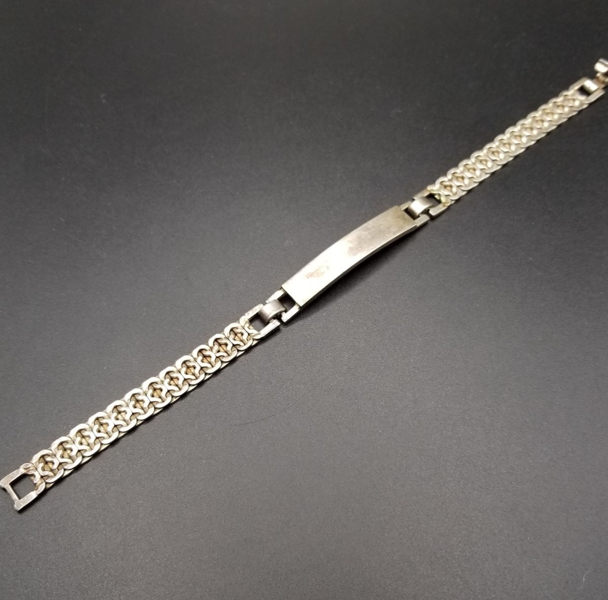 イタリア ヴィンテージ IDタグ 長方形プレート 925 シルバー ブレスレット 編み込みチェーン 幅広 銀 Y22-Y拍卖