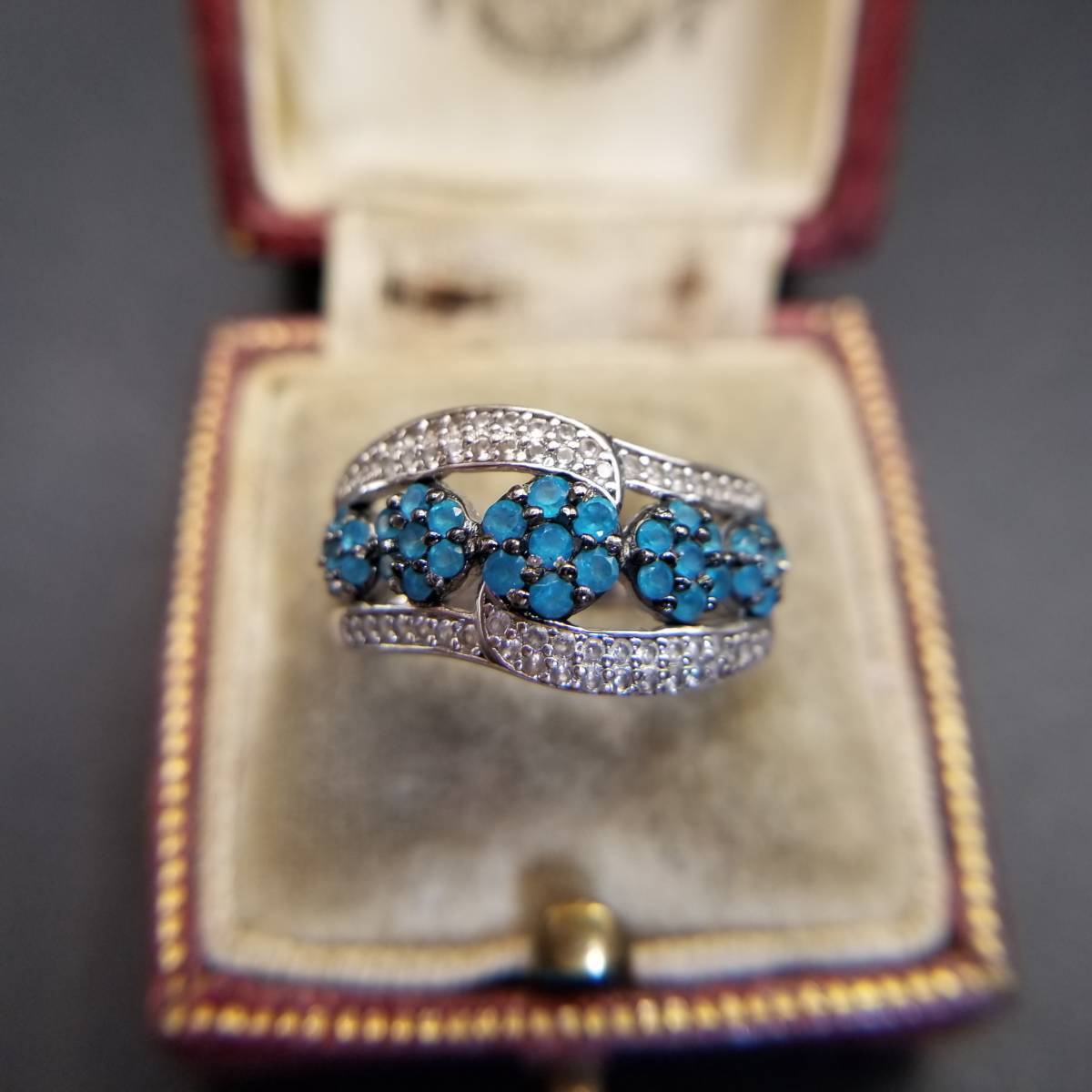 デザイナー BBJ ブルー/クリア キュービックジルコニア フラワー 925 シルバー ビンテージ リング 銀 指輪 カクテルリング 花 5g 8Y-L拍卖